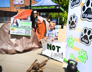 Pup tent: Just Jaime 'ruffing it' at the ballpark for Animal Friends